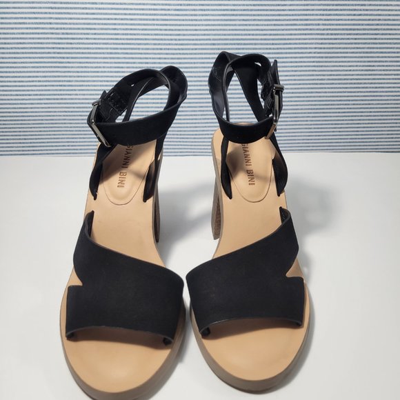 Gianni Bini Marilane Leather Asymmetrical Wooden Block Heels Women's Size 5M - Picture 2 of 11